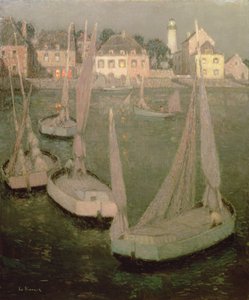 Bretagne haven bij maanlicht door Henri Eugene Augustin Le Sidaner