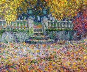 Het terras in de herfst, Gerberoy door Henri Eugene Augustin Le Sidaner