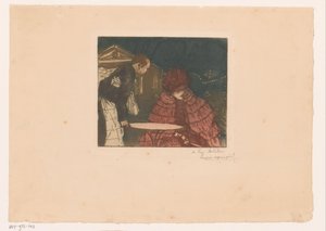 Vrouw op een terras met ober door Henri Evenepoel (signed by artist)