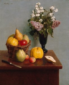 Stilleven met bloemen en fruit