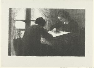 Twee vrouwen borduren aan tafel bij raam in interieur door Ignace Henri Jean Fantin Latour