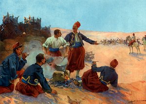 Verovering van Algerije: bivak van zouaven van het Franse leger onder bevel van Generaal Bugeaud tijdens de opstand van Abd el-Kader, juni 1836