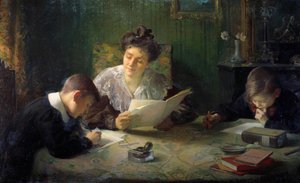 Huiswerk. Een moeder helpt kinderen met hun huiswerk. Schilderij door Henri Jamet (1858-1940) 20e eeuw Orleans, Musee des Beaux Arts door Henri Jamet