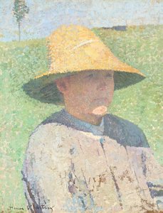 Portret van een jonge jongen met een strohoed 1890