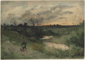 Dageraad—Jager met hond door Henri Joseph Harpignies