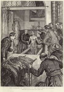 De ceremonie van onderdompeling in de Heilige Bron in Lourdes (litho)