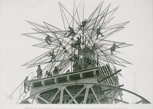 Universele Expositie van 1900: Installatie van de ster op het Paleis van Elektriciteit (gravure) door Henri Lanos