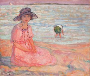 Vrouw in de roze jurk aan zee, ca. 1920 door Henri Lebasque