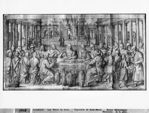Het leven van Christus, bruiloft te Kana, voorbereidende studie van tapijtkarton voor de kerk Saint-Merri in Parijs door Henri Lerambert