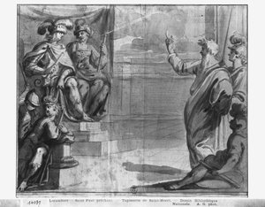 Leven van Christus, St. Paul predikend, voorbereidende studie van tapijtkarton voor de kerk Saint-Merri in Parijs, ca. 1585-90 door Henri Lerambert
