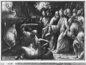 Leven van Christus, de Arrestatie van Christus, voorbereidende studie van tapijtkarton voor de Kerk Saint-Merri in Parijs, c.1585-90 door Henri Lerambert