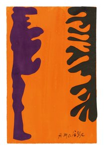Zwarte en violette arabesken op oranje achtergrond door Henri Matisse