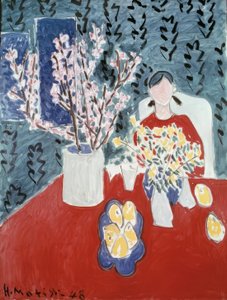 Takken van pruimenbomen op groene achtergrond door Henri Matisse