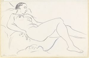 Liggend vrouwelijk naakt (zwart-wit krijt op papier) door Henri Matisse