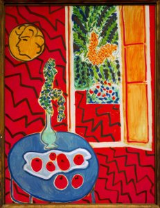 Rood interieur, stilleven op blauwe tafel door Henri Matisse