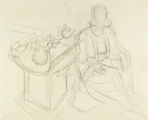 Zittende vrouw - Stilleven met bloemen op tafel (houtskool op doek) door Henri Matisse