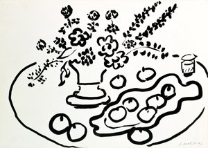 Stilleven met vaas bloemen en bord fruit door Henri Matisse
