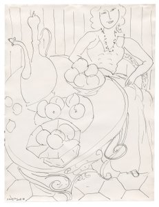 Vrouw aan tafel met fruit en kruik door Henri Matisse