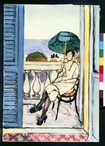 Vrouw met groene parasol op balkon door Henri Matisse