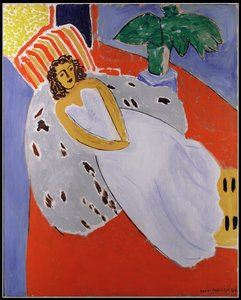 Jonge vrouw in wit, rode achtergrond door Henri Matisse