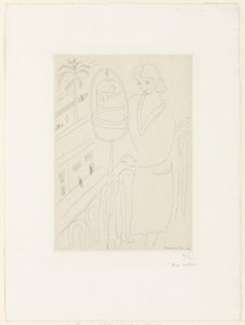 Jonge vrouw op een balkon die naar parkieten kijkt door Henri Matisse
