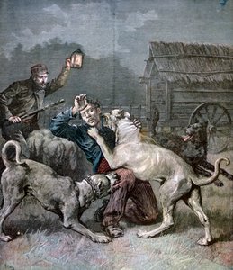 Een crimineel aangevallen door drie grote honden, 1891 door Henri Meyer