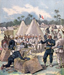 Franse soldaten openen nieuwjaarsgeschenkdozen in Dahomey, Afrika, 1892
