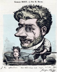 Georges Bizet (1838-1875), Franse componist - Karikatuur, met een handtekening van Bizet, door Henri Meyer voor 