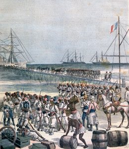 Landing van de Senegalese troepen aan de nieuwe kade in Cotonou, Benin, 1892