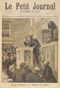 Titelpagina die de schandalige bijeenkomst van het Huis van Afgevaardigden afbeeldt: Jean Jaures aangevallen door Bernis tijdens een debat over de Dreyfus-affaire