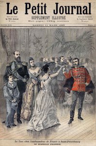 Tsaar Alexander III bij de ambassadeur van Frankrijk De Graaf van Montebello in St. Petersburg in 1893. Eer rooster. Omslag van Le Petit Journal 1893 (gravure) door Henri Meyer