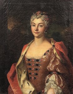 Portret van een edelvrouw, halflang, in een roze jurk en een met hermelijn afgezet gewaad door Henri Millot
