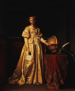 Een Dame in een Interieur, in een Gele Satijnen Jurk, met een Wereldbol op een Tafel naast haar, Rouwend om de Afwezigheid van haar Echtgenoot