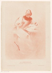 Vrouw achter een tafel met een opengeslagen boek, een pen in haar hand door Henri Patrice Dillon