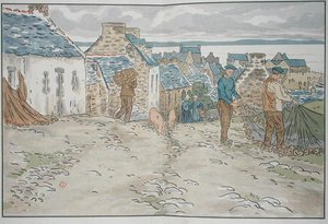 Bretonse vissers die hun netten regelen door Henri Rivière