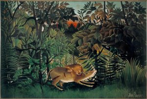 De leeuw, hongerig, valt de antilope aan door Henri Rousseau