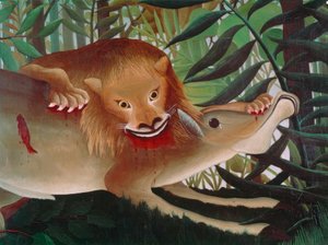 De Leeuw, hongerig, valt de Antilope aan door Henri Rousseau