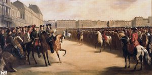 Tsaar Peter I de Grote van Rusland (1672-1725) vergezeld door de regent Filips II hertog van Orléans (1674-1723) tijdens zijn bezoek aan Frankrijk inspecteert de bereden troepen in de Tuilerieën (Parijs) op 16/06/1717 door Henri Serrur