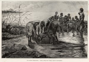 Een nijlpaardslagerij aan de oevers van een Centraal-Afrikaanse rivier. Gravure door Henri Thiriat ter illustratie van het verhaal 