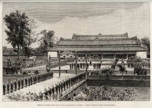 Plechtige audiëntie gegeven door koning Dong Khanh (1864-1889) keizer van Annam aan de vertegenwoordigers van Frankrijk in de keizerlijke stad Hue (Vietnam). Gravure door Thiriat, ter illustratie van het verhaal 