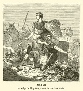 Julius Caesar redt het leven van een soldaat bij het Beleg van Mitylene, Lesbos, Griekenland, 81 v.Chr. door Henri de (after) Montaut