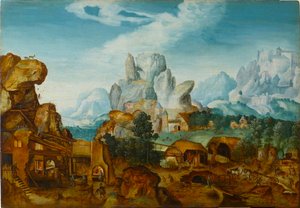 Rotsachtig landschap met een smederij De vlucht naar Egypte, voor 1550
