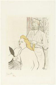 Kapster kamt haren van zittende vrouw met spiegel in hand door Henri de Toulouse Lautrec (signed by artist)