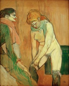 Vrouw die haar kous optrekt door Henri de Toulouse Lautrec