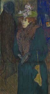 Jane Avril bij de ingang van de Moulin Rouge, haar handschoenen aantrekkend, ca. 1892 door Henri de Toulouse Lautrec