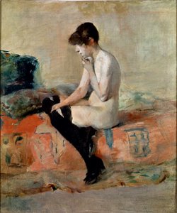 Naaktstudie. Naakte vrouw zittend op een bank. Schilderij door Henri de Toulouse-Lautrec