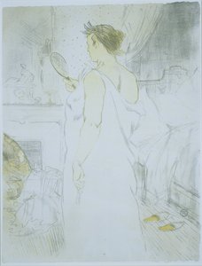Staande vrouw die in een handspiegel kijkt door Henri de Toulouse Lautrec