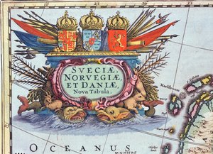 Cartouche van een kaart van Zweden, Noorwegen en Denemarken door Henricus Hondius II