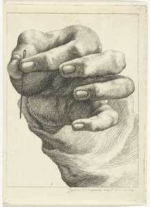 Studie van een hand met een naald tussen duim en wijsvinger door Henricus Wilhelmus Couwenberg