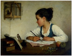 Een meisje schrijft; De huisdier goudvink door Henriette Browne